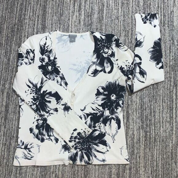 Ann Taylor Women’s Large Black Cream Silk Blend Cardigan Sweater Wearable Art - Picture 1 of 7